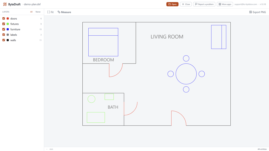 ByteDraft showing a DXF drawing open on the canvas
