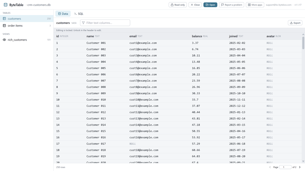 ByteTable showing a database table open in the grid view