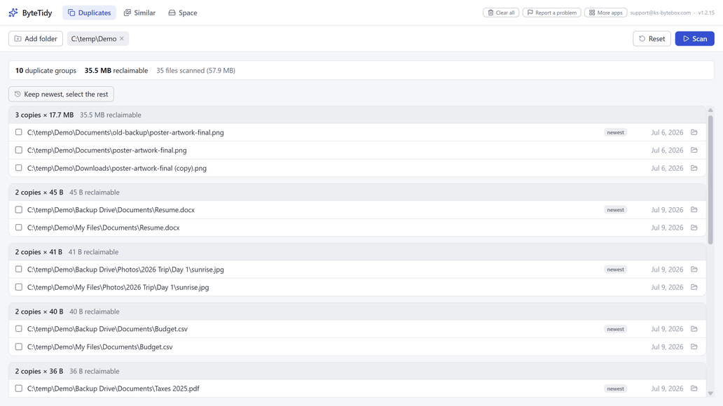 ByteTidy showing a group of duplicate files ready for cleanup