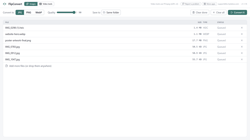 FlipConvert with six HEIC, WebP, PNG and JPG images queued for conversion