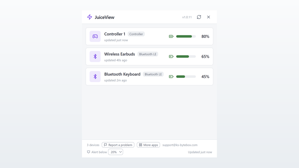 JuiceView showing battery levels for connected controllers and devices