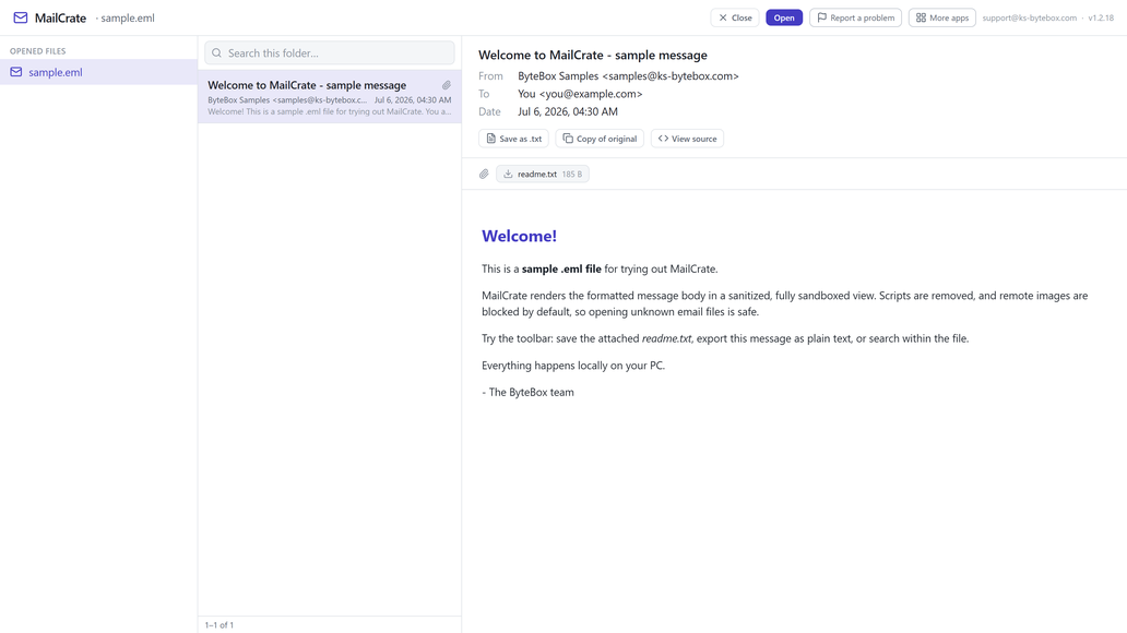 MailCrate showing an email message rendered in the sandboxed viewer