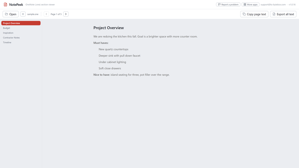 NotePeek showing a OneNote section with formatted text and a table