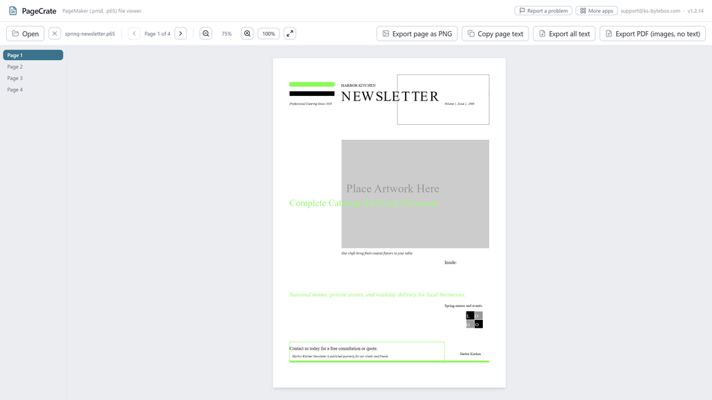 PageCrate showing a PageMaker document open with the page sidebar visible