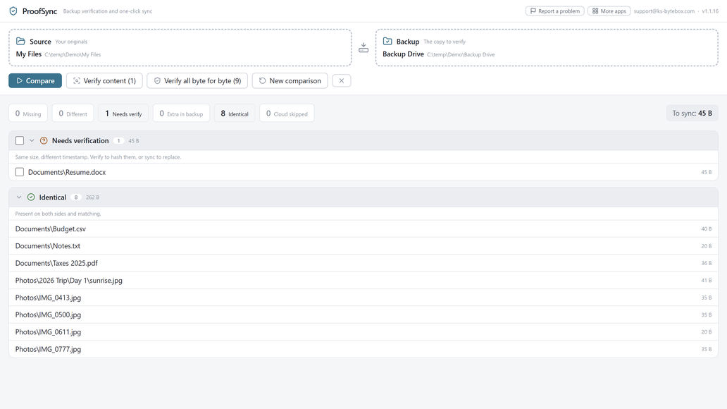 ProofSync comparing a folder with its backup: one file needs verification, eight are identical