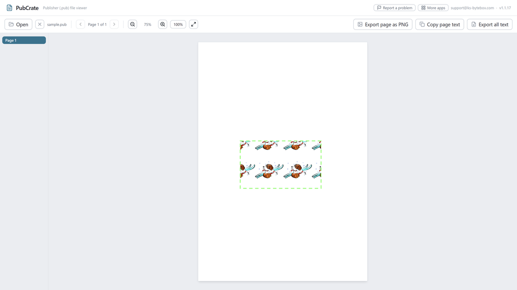 PubCrate showing a Publisher document open in page view