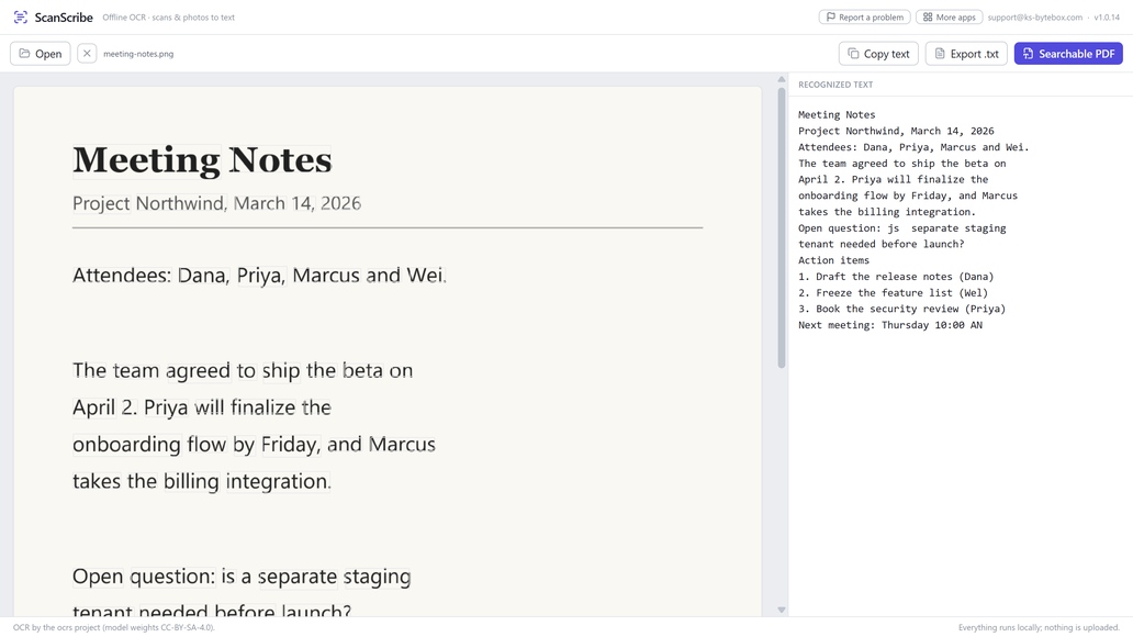 ScanScribe showing a scanned page beside its recognized text